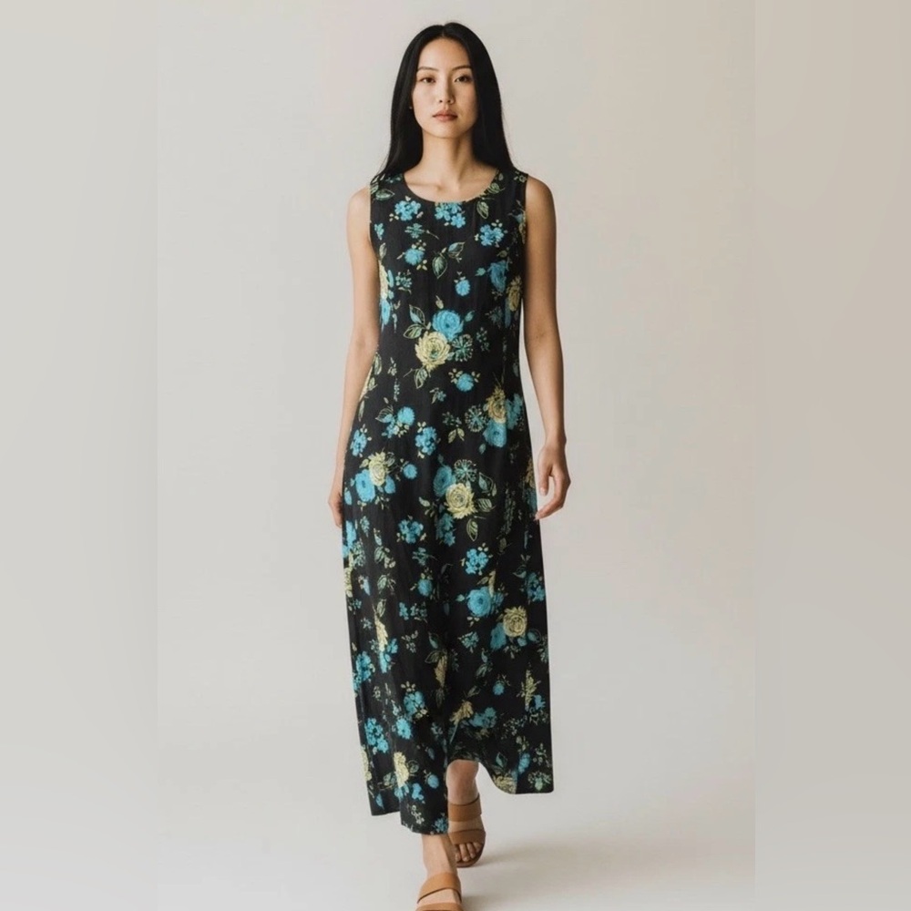 VTG Beach Dress Maxi Floral Hawaiian Dark Forest Fairy Cottagecore Black Large